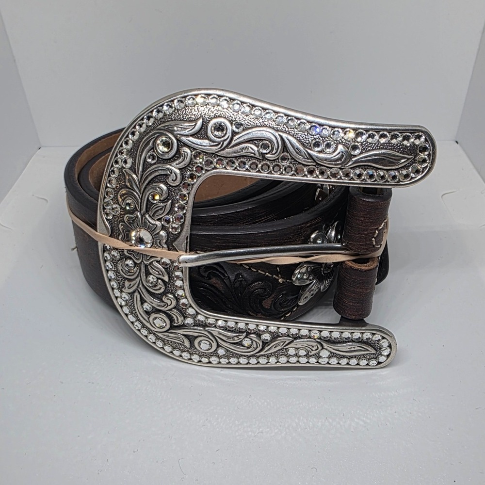 Justin Womens Western Leather Belt Size 38 Brown Tooled Floral Rhinestone Buckle